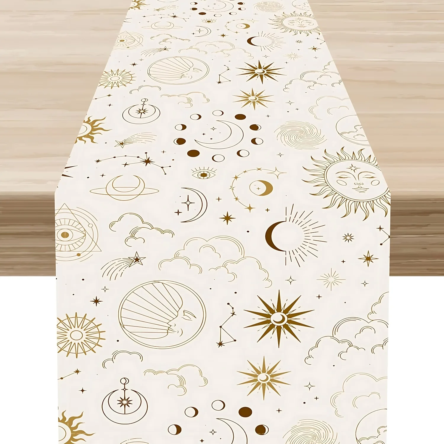 Mystic Celestial Table Runner, Cream Base Golden Line Drawing Sun Moon Stars, Bohemian Table Decor