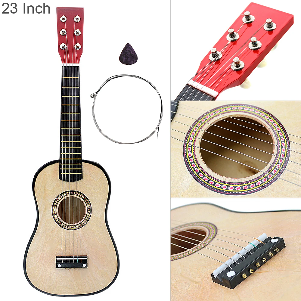 23 Inch Unisex Basswood Acoustic Guitar Wood Color 6 String Musical Instrument with Guitar Pick and String