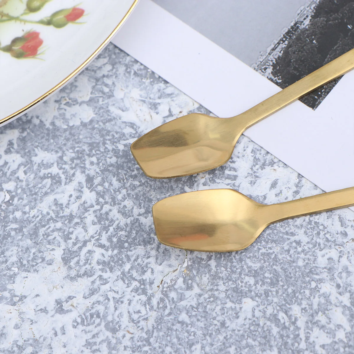 

5pcs Stainless Steel Square Stirring Spoons Long Handle Ice Coffee Spoon Overgild Heat Resistant Reusable For Milk Tea