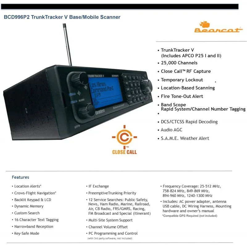 Uniden BCD996P2 Digital Mobile TrunkTracker V Scanner, 25,000 Dynamically Allocated Channels, Close Call RF Capture Technology,