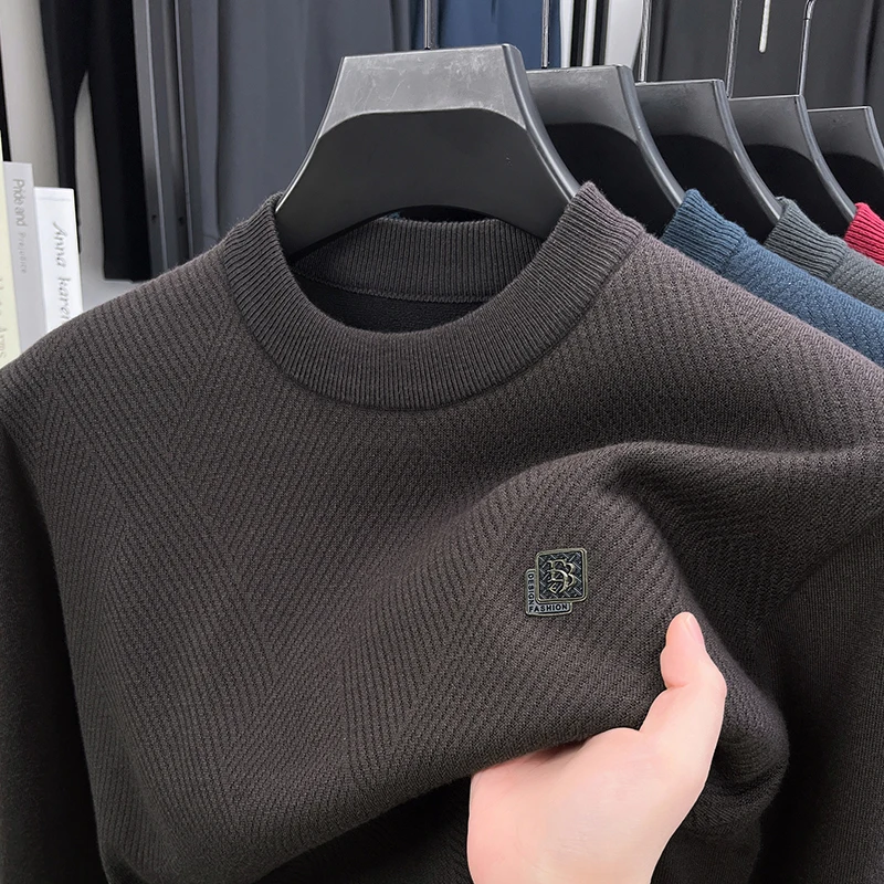 Men's autumn winter high quality fleece-lined long sleeves pullover round neck keep warm knit sweater leisure trend Men clothing