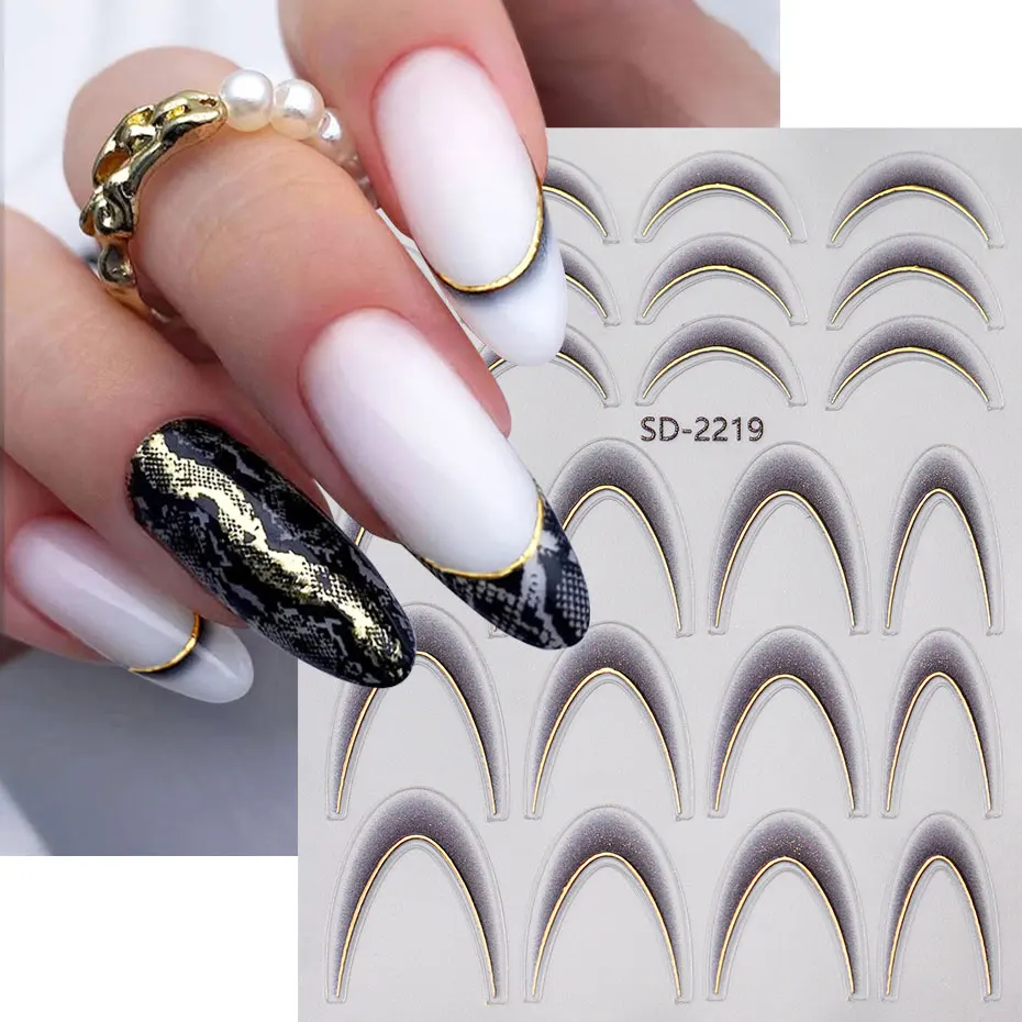 2/4pcs Gradient French Nail Decals Brozing Gold Silver Curved Striped Design Glitter Sticker 3D Dreamy Crescent Manicure Slider