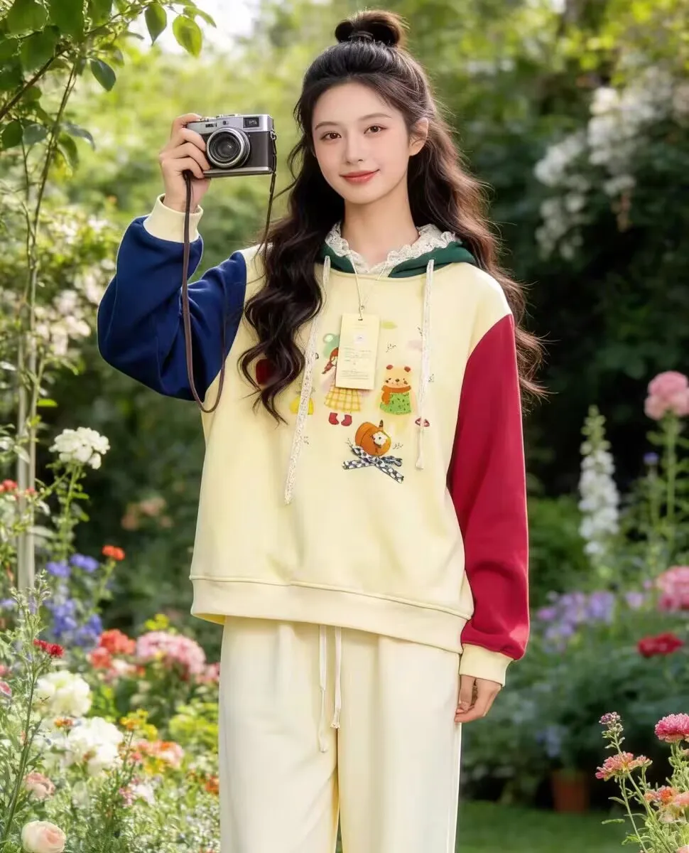 

Harajuku японский Kawaii мультфильм вышивка толстовка с капюшоном женская осень Mori Girl с длинным рукавом милый тонкий флисовый пуловер