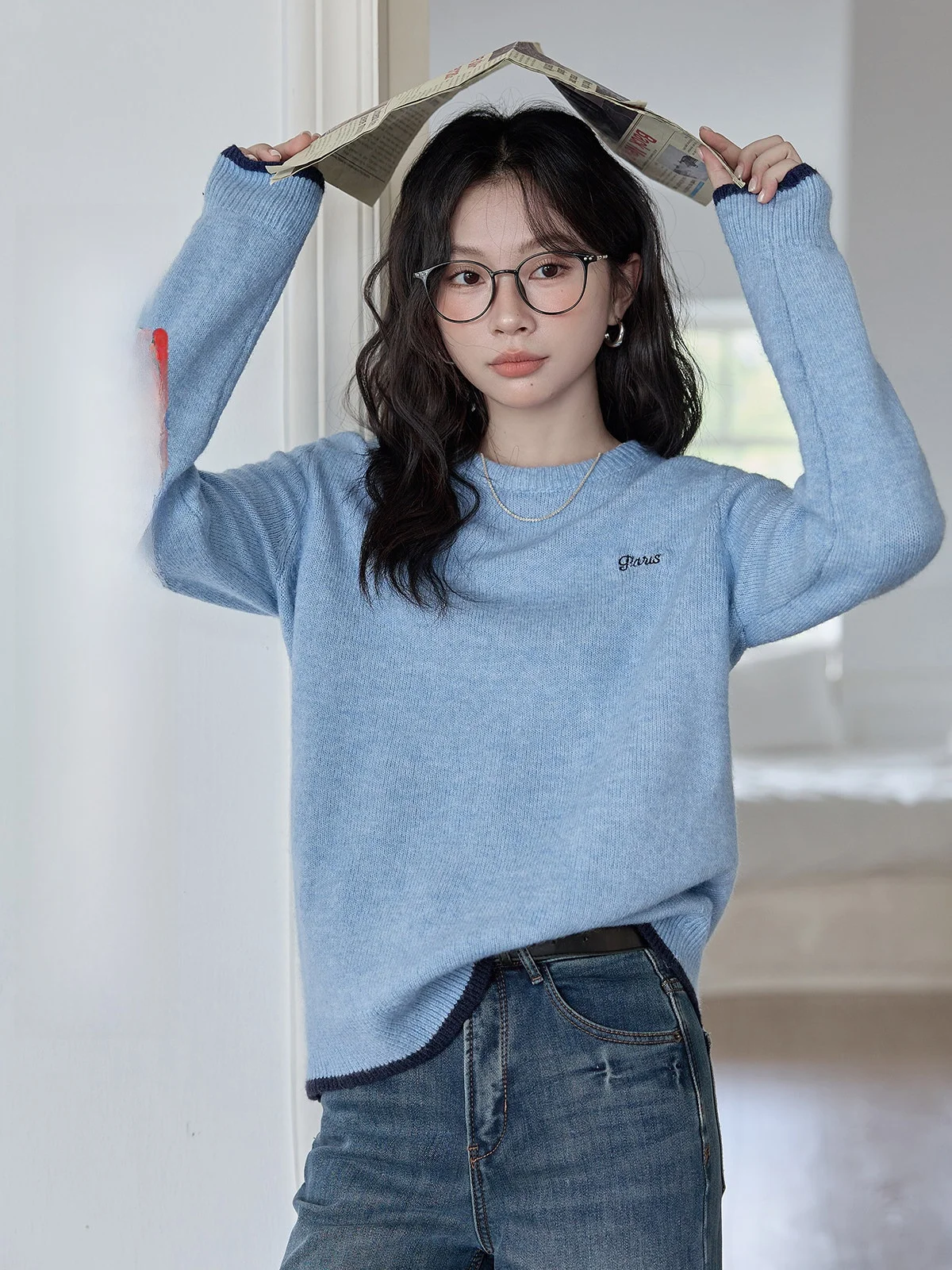 

Свитер HuiXi синий вязаный женский свободный с круглым вырезом, осенне-зимняя новинка, модная повседневная одежда, омолаживающий эффект