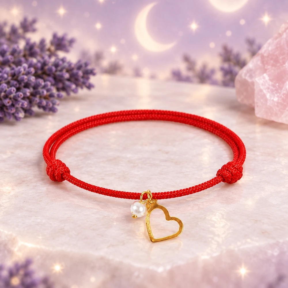 1pc Red Braided Cord Strand Bracelet with Golden Open Heart Charm White Bead Adjustable Sliding Knot Cute Romantic