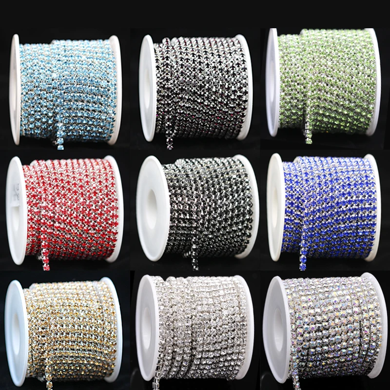 10yard 1Row ss6 ss12 ss16 colour Crystal Glass rhinestone Silver Cup claw close chain sewing Trim craft for Garment accessories