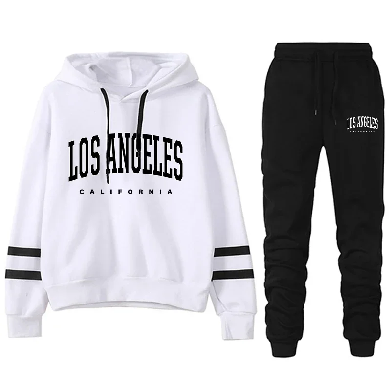 Los Angeles Womens Tracksuit Print Casual Hooded Stripe Versatile Sweatshirt or Black Pants or Suit Loose HotSales Outfits S-3XL