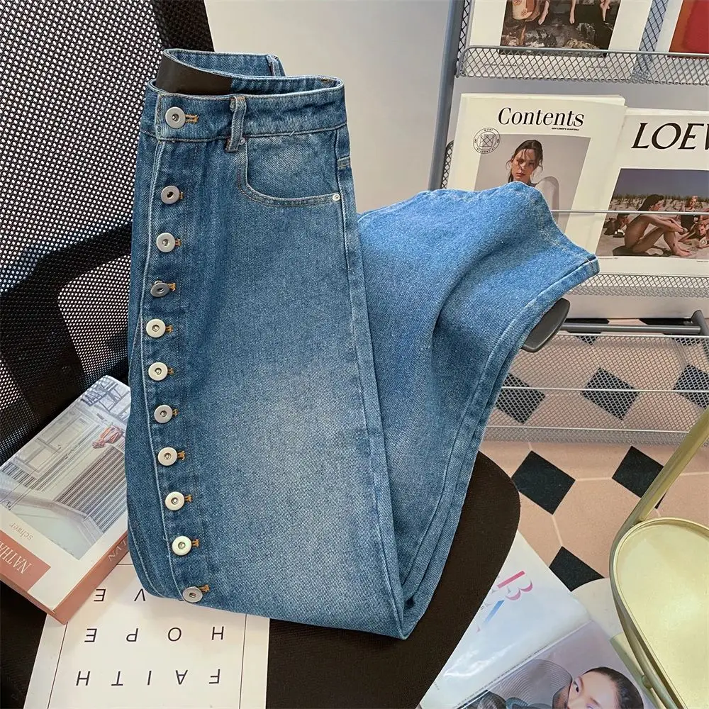 

Retro Blue Straight Loose Jeans Spring Autumn Multi Buttons Design Slim Wide Leg Denim Pants 2025 New Female Trousers Streetwear