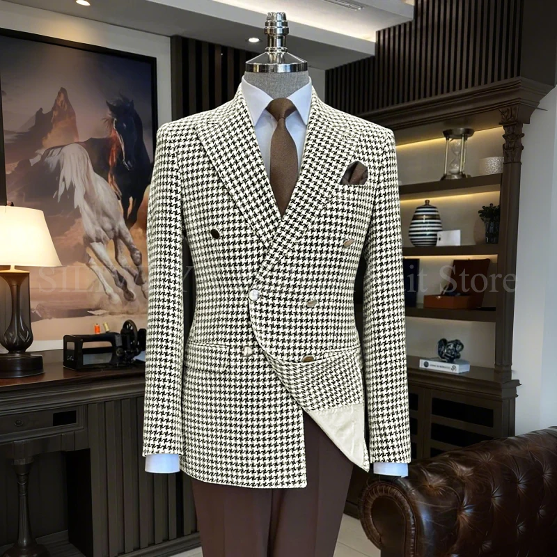 Mode Notched Revers Plaid Pakken Mannen Twee Stukken Double Breasted Blazer Bruine Broek Formele Party Tuxedos