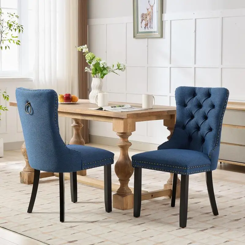 Contemporary Tufted Solid Wood Dining Chair Set, Blue Linen Upholstered with Nailhead Trim, 2-Piece Modern Design