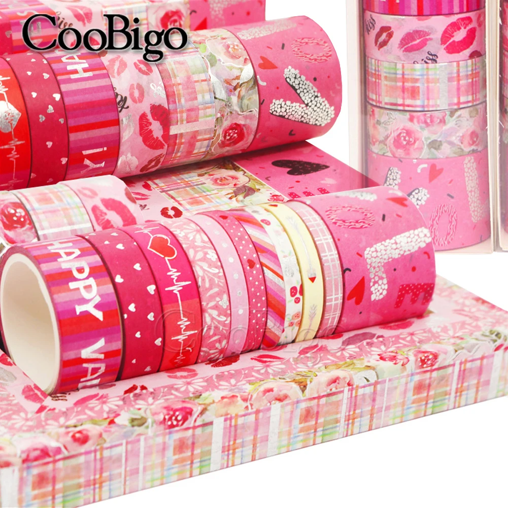 Pink Valentine Washi Tape Set Adhesive Masking Sticker for Decor Scrapbook Diary Note Book School Stationery Supply 14 Rolls/Lot