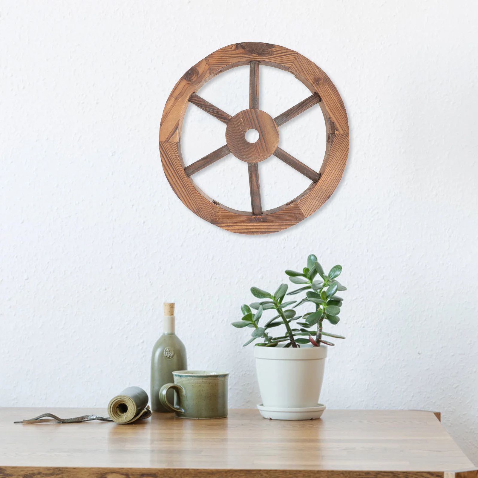 

Rustic Wooden Wagon Wheel Wall Hanging Vintage Style Home Decor for Living Room Garden Study Balcony Decoration