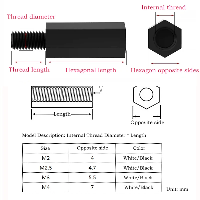 5~100pc M2 M2.5 M3 Black Single-ended Hex Nylon Spacer PA66 Nylon Plastic Insulation Support Column PC Board Spacing Screw Colum