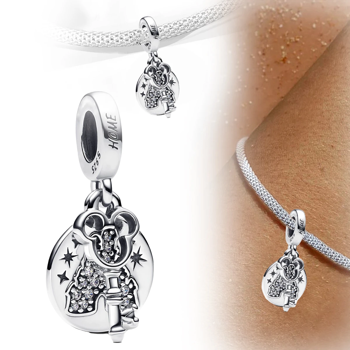 

Hot Sale MINISO Disney 925 Silver Mickey's House keys And Castle Pendant Charm Fit Original Bracelets For Women Jewelry Trinkets