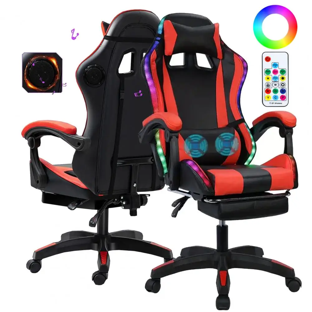 Gaming Chair with Bluetooth-compatible Speakers and RGB LED Lights, Ergonomic Massage Computer Gaming Chair with Lumbar Support