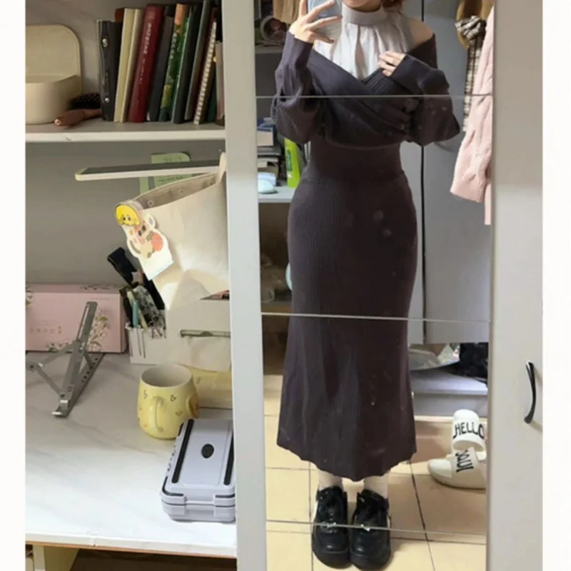 

Korean Style Female Main Character Sheer Patchwork Off-Shoulder Slim Knitted Top Waist-Cinching Dress Women'S Autumn Win
