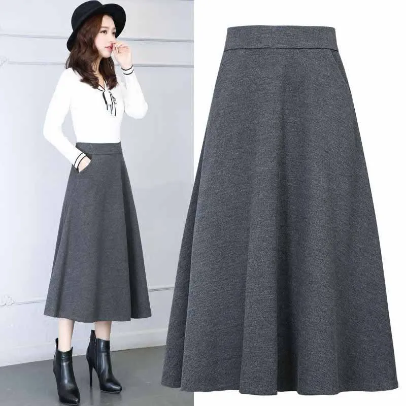 Lucyever New Winter Women\'s Long Woolen Skirt Elegant High Waist Wool A Line Skirts Female Casual Thick Warm Pocket Maxi Skirts