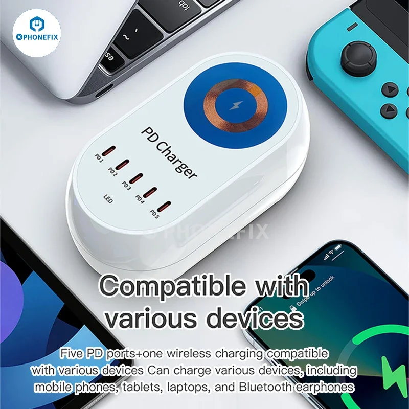 Multifunctional 140W PD GaN Smart Fast Charging Station 5 Ports USB Wireless Desktop Quick Charger for Phones Tablet IPAD Charge