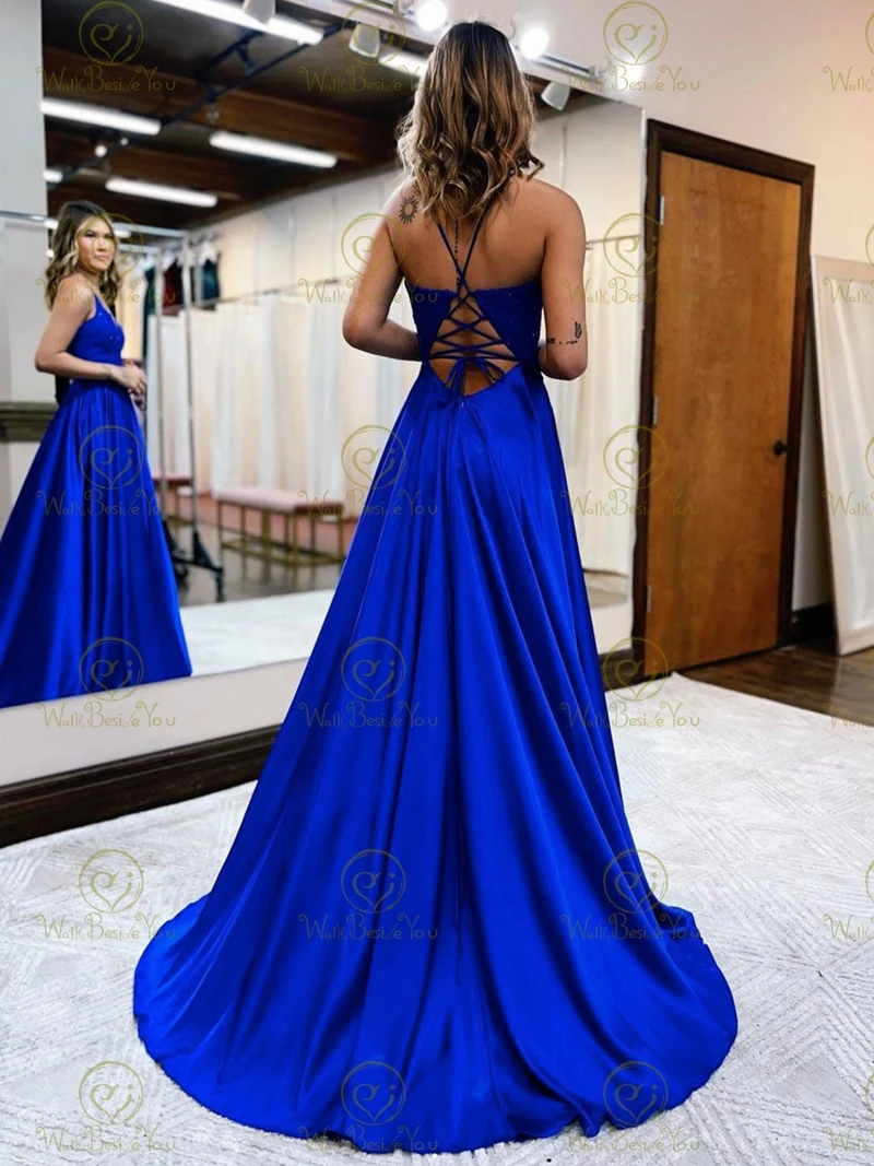 Deep V Neck Royal Blue Evening Dresses 2024 Satin Long Front Slit Sexy Front Split Lace Applique Beaded Prom Gown Formal Party