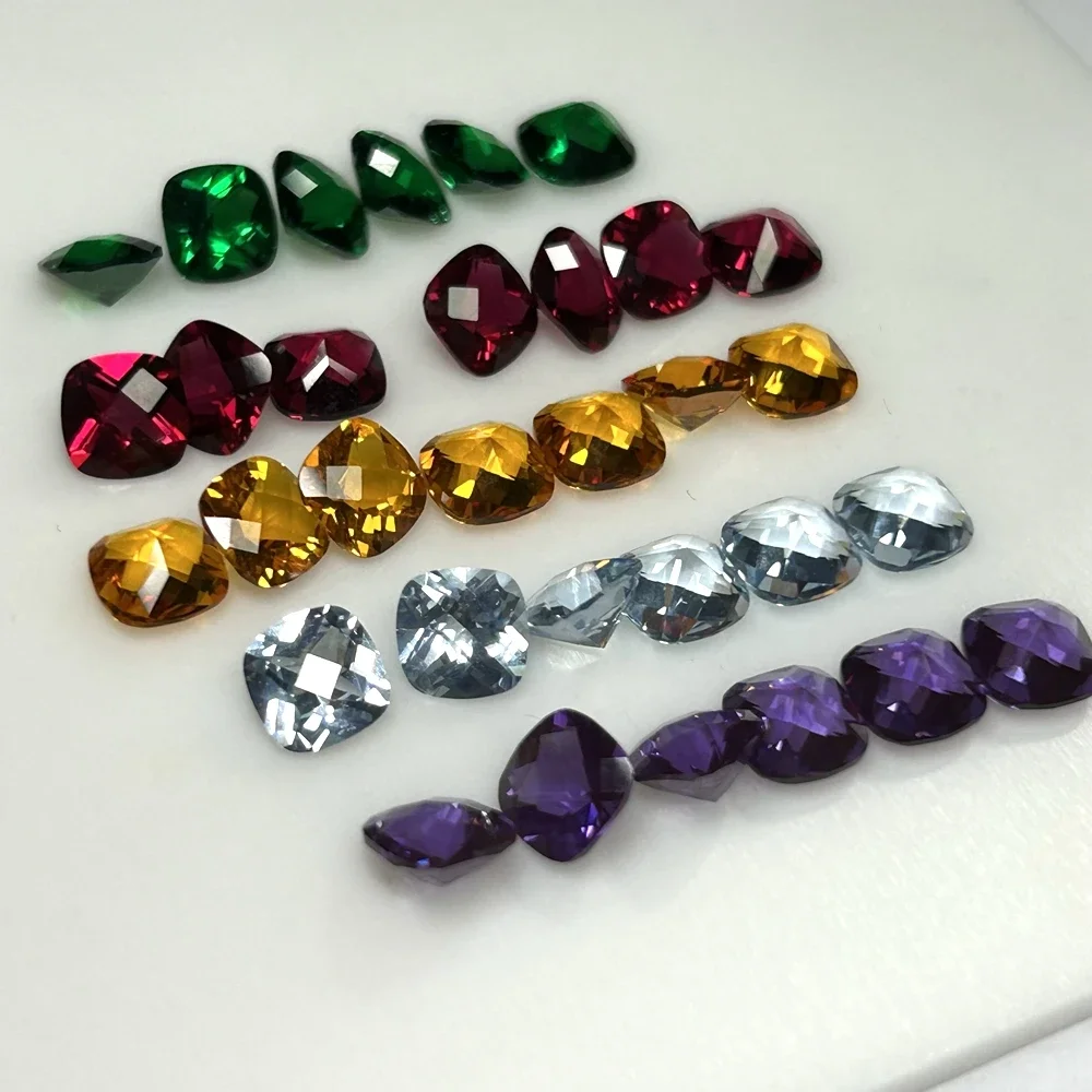 Cushion Shape 7x7mm Checker Cut Synthetic Nano Crystal Amethyst Aquamarine Emerald Ctrine Loose Gemstone