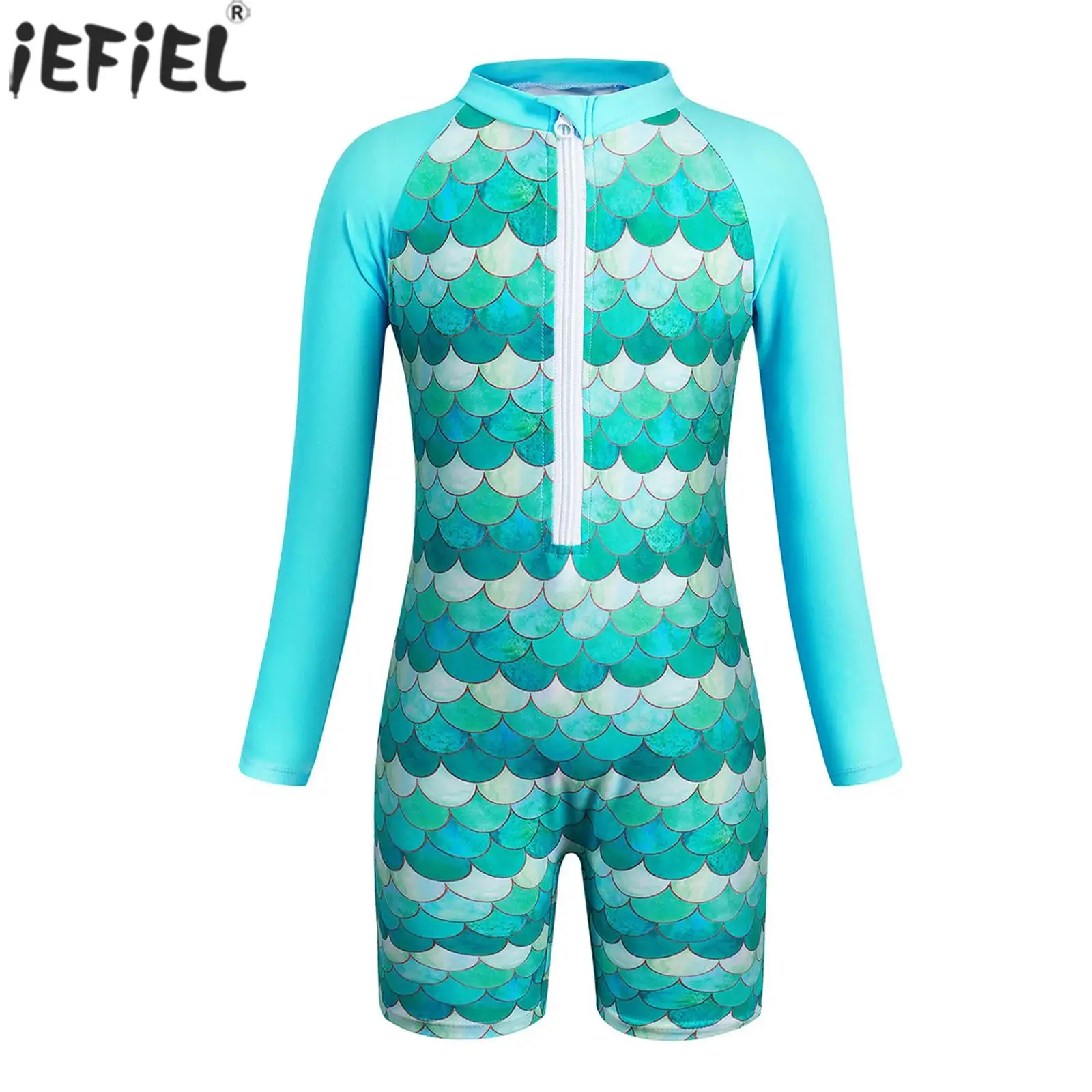 Kids Girls One-piece Swimsuit Fish Scales Print Mermaid Rash Guard Swimwear Long Sleeve Front Zipper Beach Surfing Bathing Suits