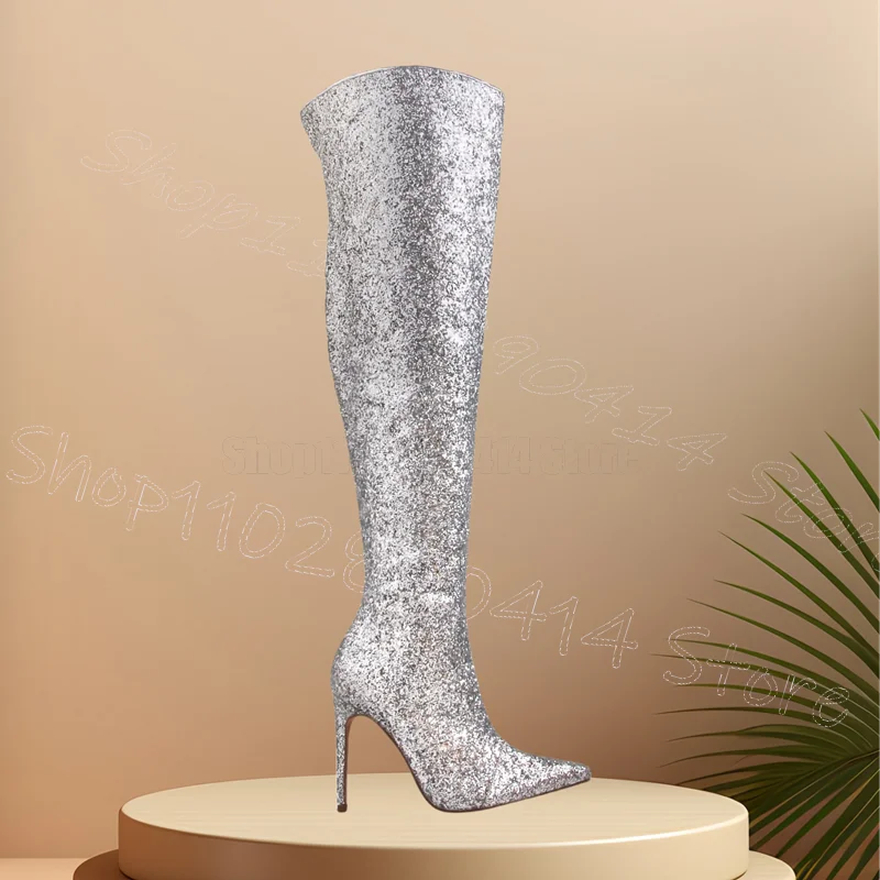 

Silver Sequins Design Pointed Toe Boots Side Zipper Women Shoes Thin High Heels Fashion Party Banquet 2026 Zapatos Para Mujere