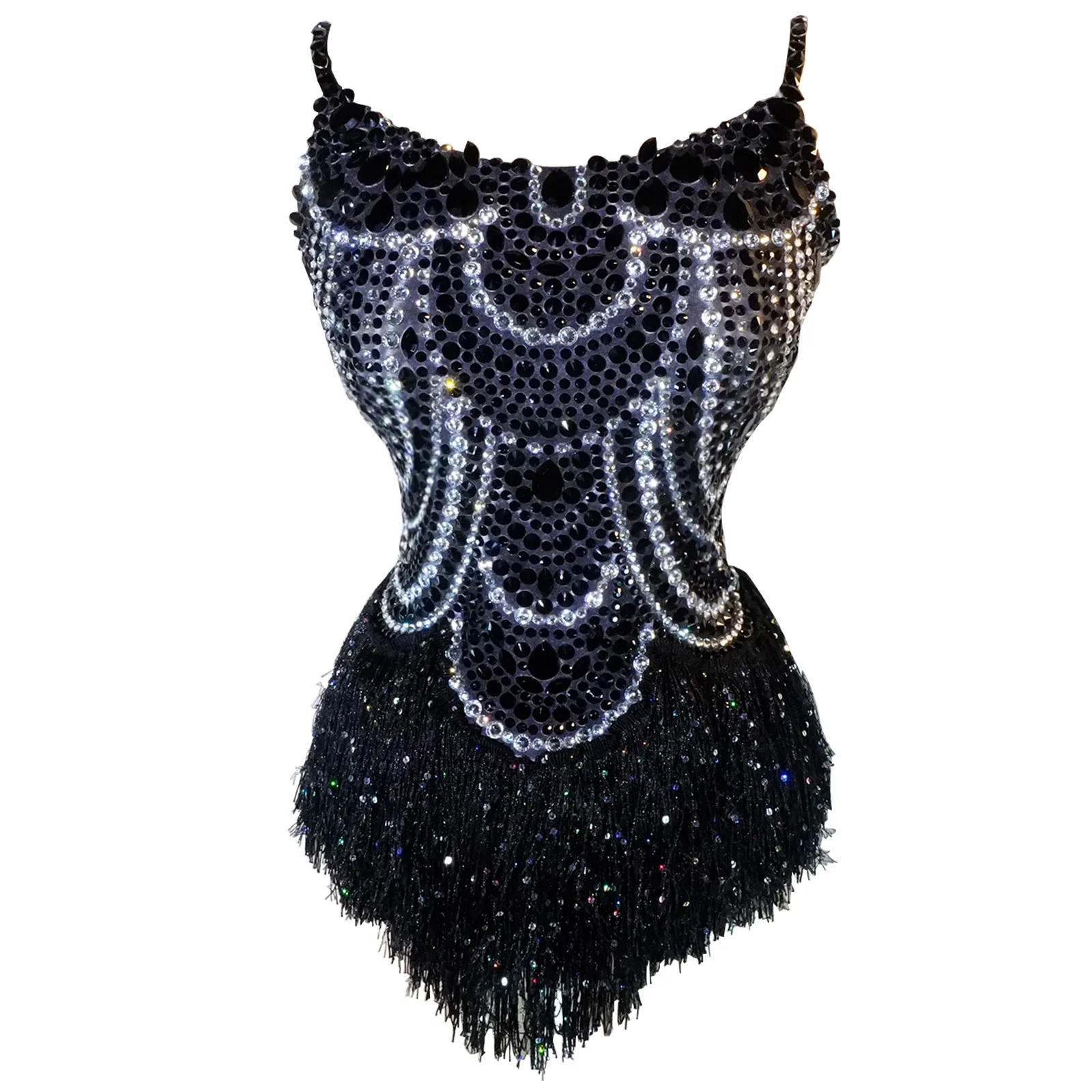 

Sparkling rhinestone black fringed bodysuit Stage singer Latin dance costume Nightclubs birthday celebrations Fashion shows DJ