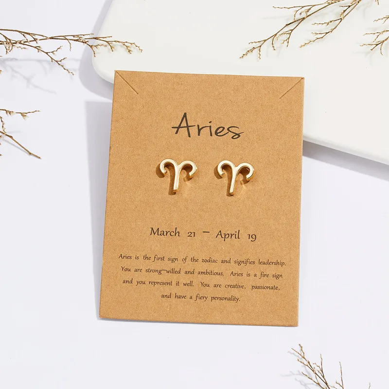 Classic 12 Constellation Zodiac Sign Stud Earrings for Women Gold Color Piercing Jewelry Birthday Party Fashion Gifts Bijoux