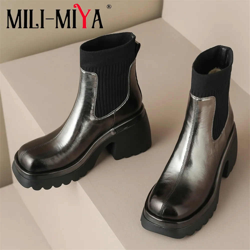 MILI-MIYA New Arrival Super High Thick Heels Metallic Women Cow Leather Ankle Boots Slip On Solid Color Round Toe WaterProof