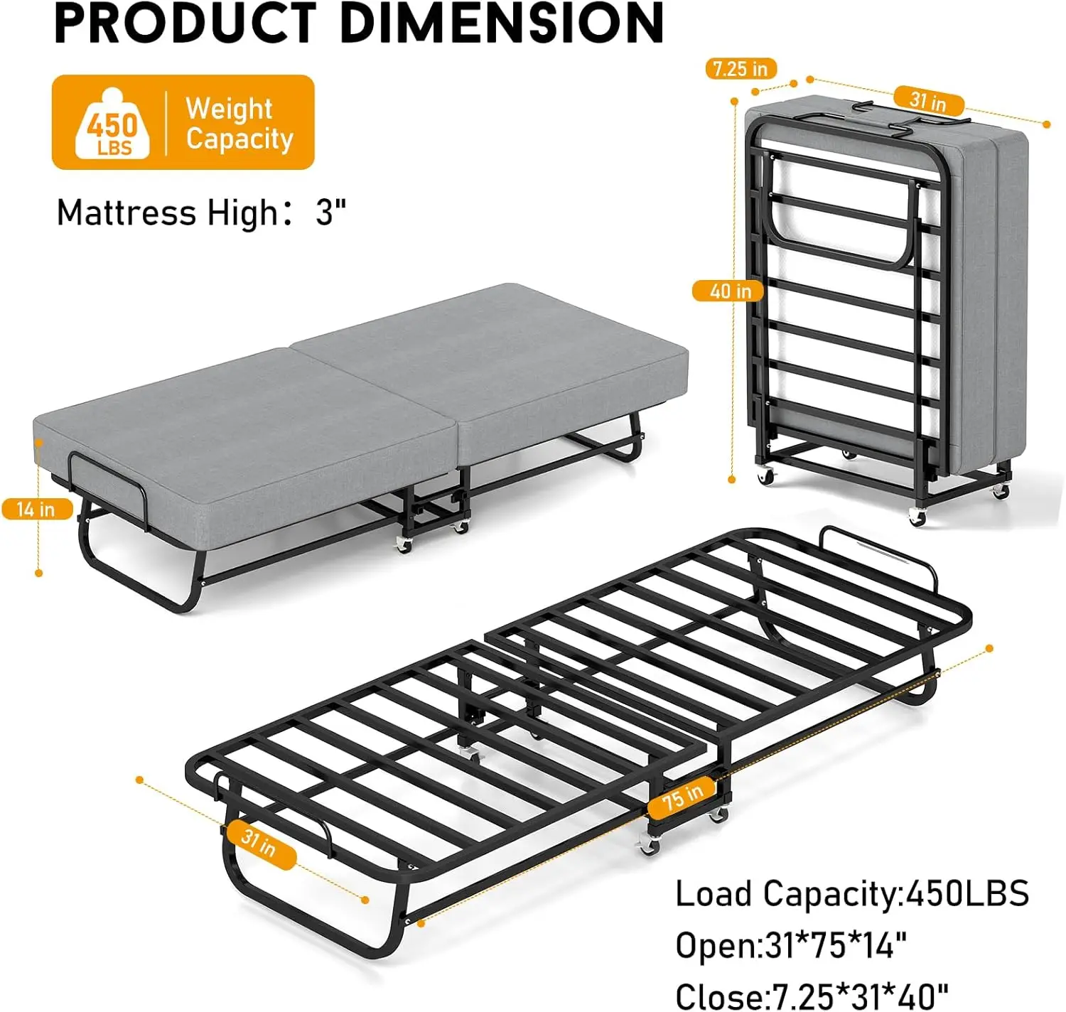 Bed with Mattress, Portable Foldable Bed for Adults, Roll Away Bed Guest Bed on Wheels, Memory Foam Mattress and Metal F