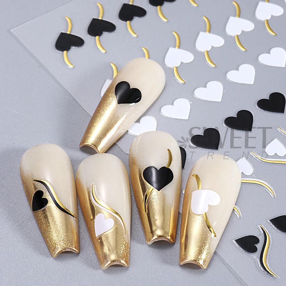 Gold Wave Line Heart Nail Art Stickers Metal Curved Strip Black Red Love Design Simple Valentine's Theme Decals Manicure Sliders