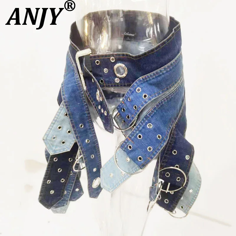 ANJY خريف جديد إمرأة تصميم متخصص غسل ثقيل موضة مكافحة الفضة مشبك حزام صغير الدنيم تنورة قصيرة Ins الاتجاه الشارع الشهير A12595
