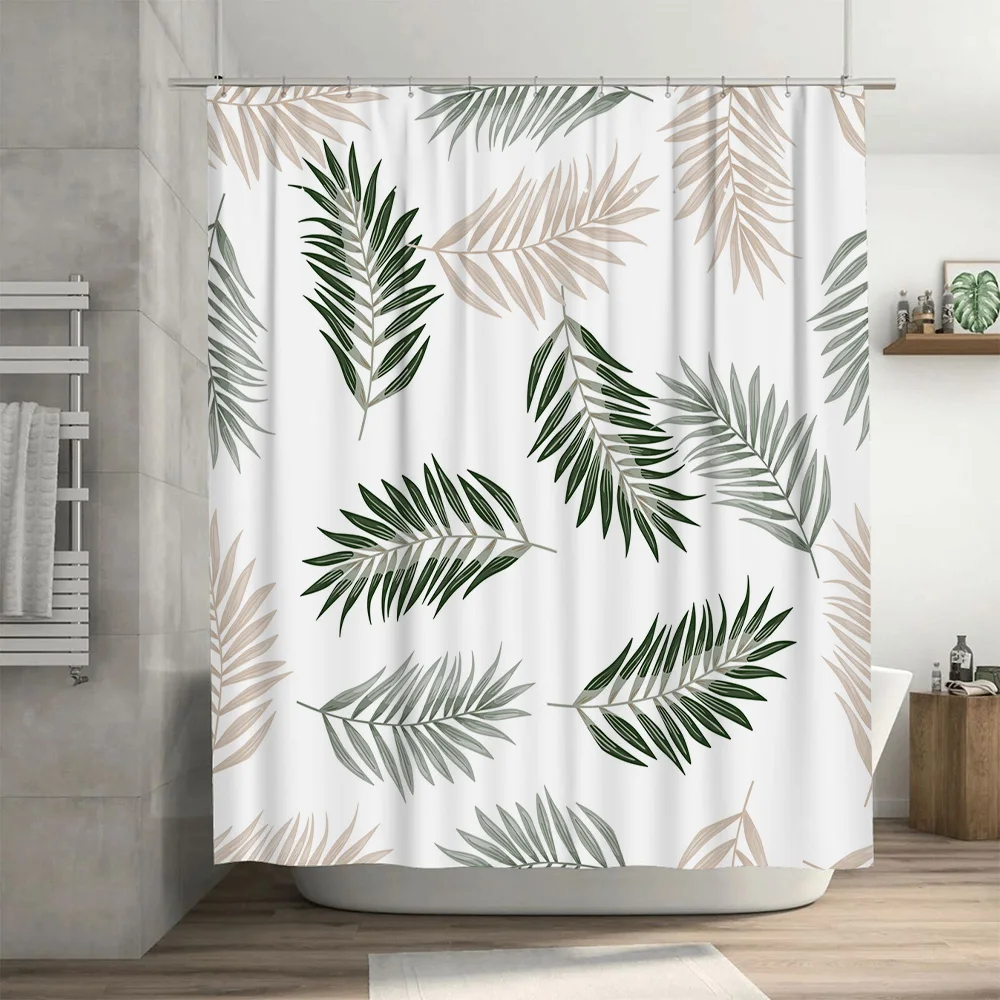 الأخضر يترك دش الستار ديكور المنزل مقاوم للماء الحمام الستائر الزخرفية الأبيض الأخضر الأزهار أحواض استحمام الطباعة دش #3