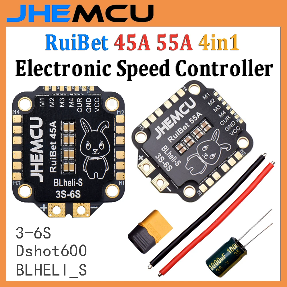 

JHEMCU RuiBet Бесщеточный ESC 4в1 45A 55A 3-6S Dshot600 BLHELI_S Электронный регулятор скорости полета для RC FPV дронов Racing DIY