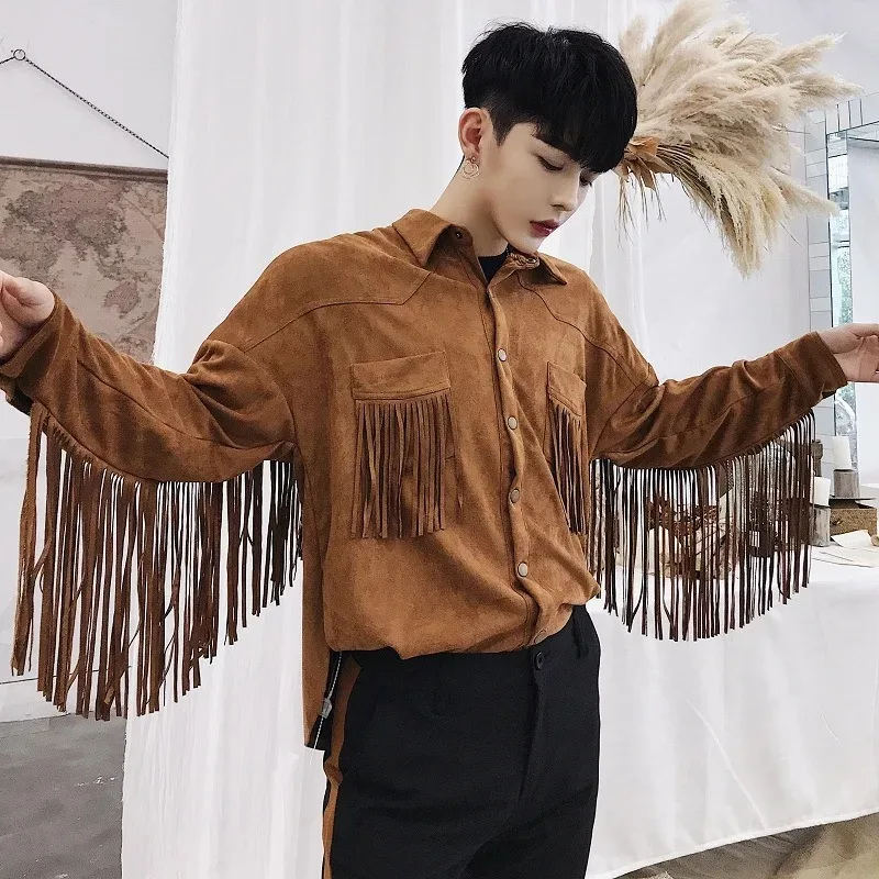 

Spring Autumn Men Fringe Shirt Collar Jacket Long Sleeve Faux Suede Tassel Coat Moto Biker Tops Solid Fashion Partywear