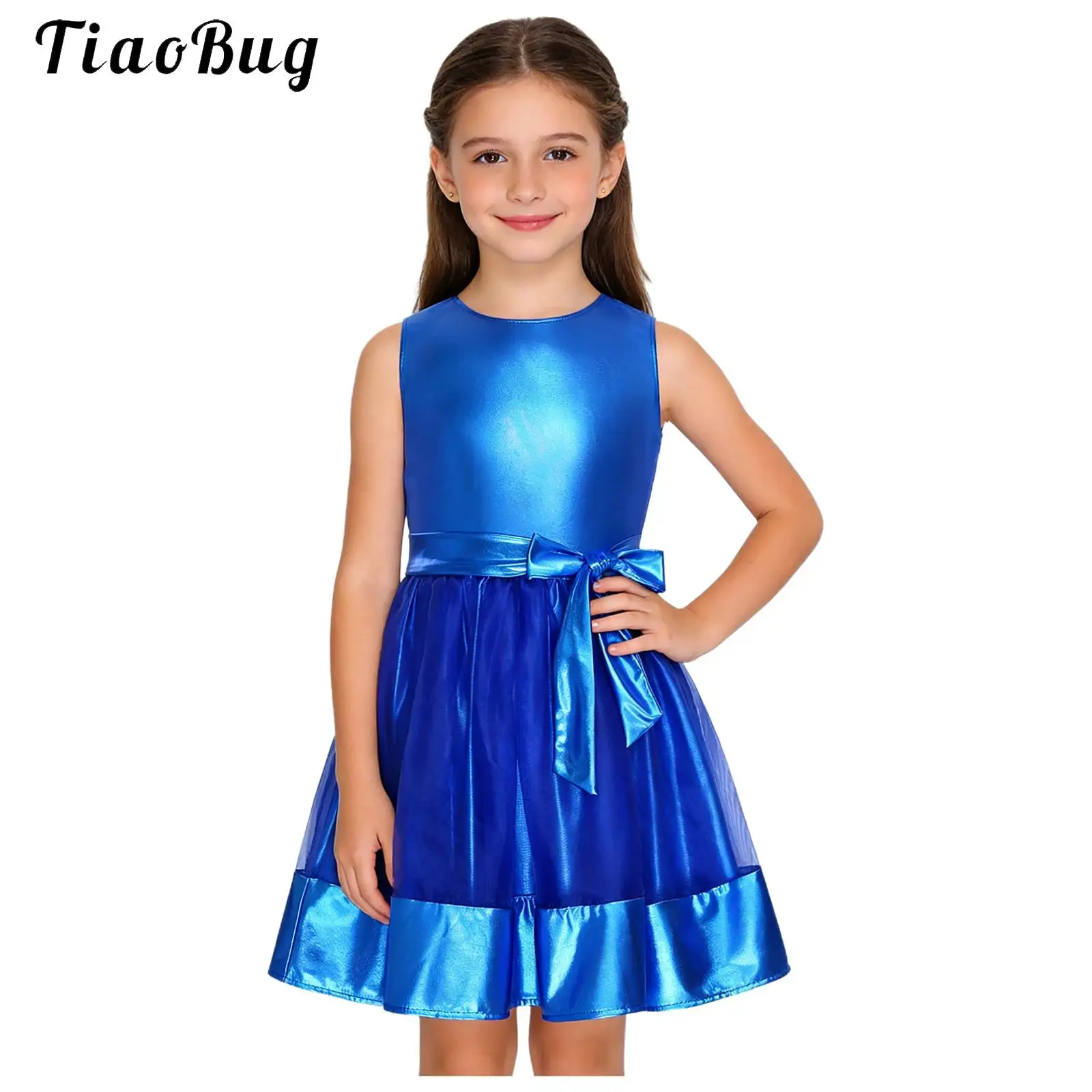 

Kids Girls Metallic Shiny Dress with Sash Sheer Mesh Sleeveless A-line Tank Dress Princess Birthday Pageant Wedding Party Gown