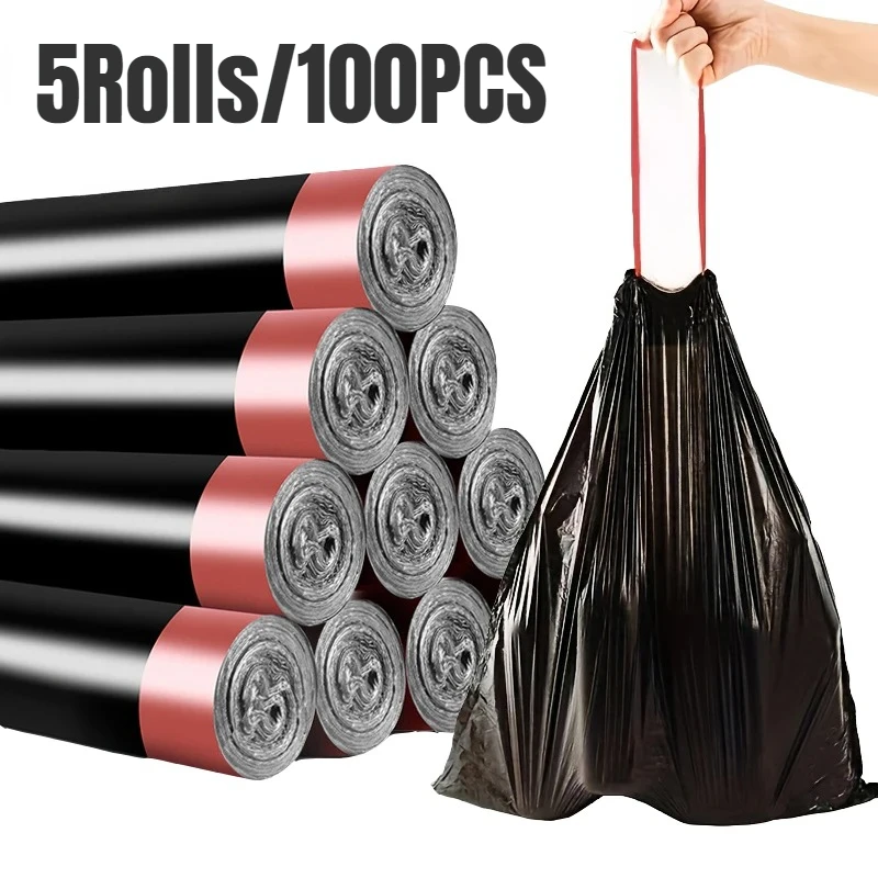 5Rolls Disposable Drawstring Garbage Bag Thickened Black Plastic Garbage Bag with Handle Home Kitchen Bathroom Office Bathroom