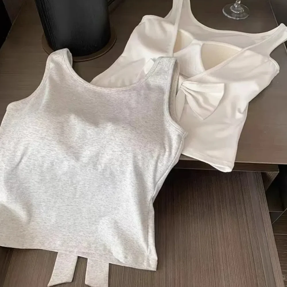 

Sweet Backless Sleeveless Crop Top Solid Color Streetwear Korean Bow Tank Top Beachwear Undershirts Camisole With Pads Travel