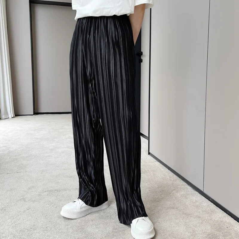 

Men Pleated Pants Joggers Elastic Waist Solid Streetwear Loose Wide Leg Trousers Korean Casual Men Cozy Straight Pantalones