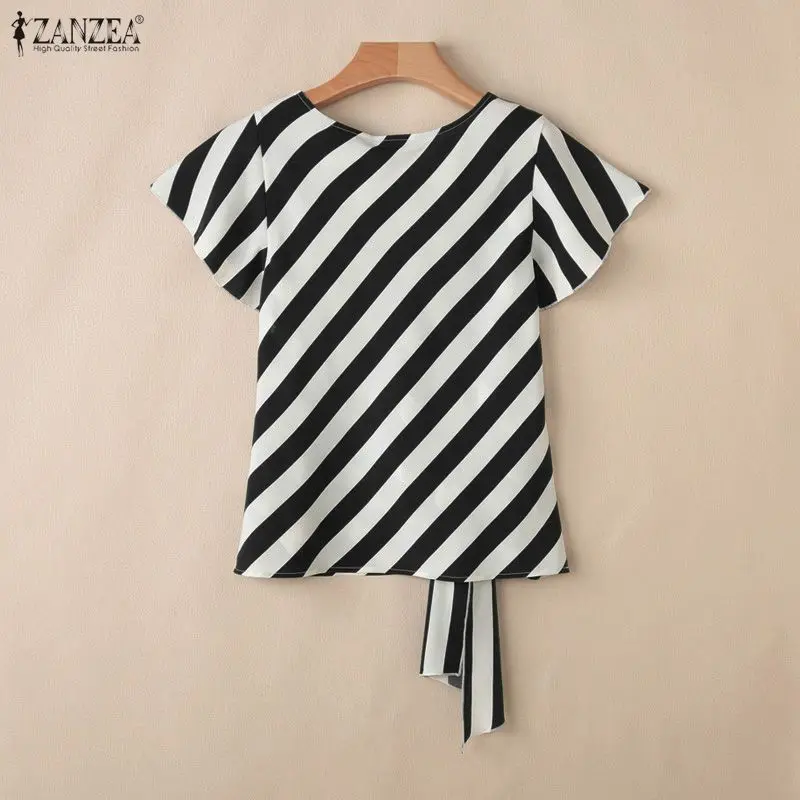 ZANZEA 우아한 여성 섹시한 브이넥 블라우스 반소매 스트라이프 셔츠 여름 밴디지 레이스업 캐주얼 OL 탑 러플 소매 블라우스