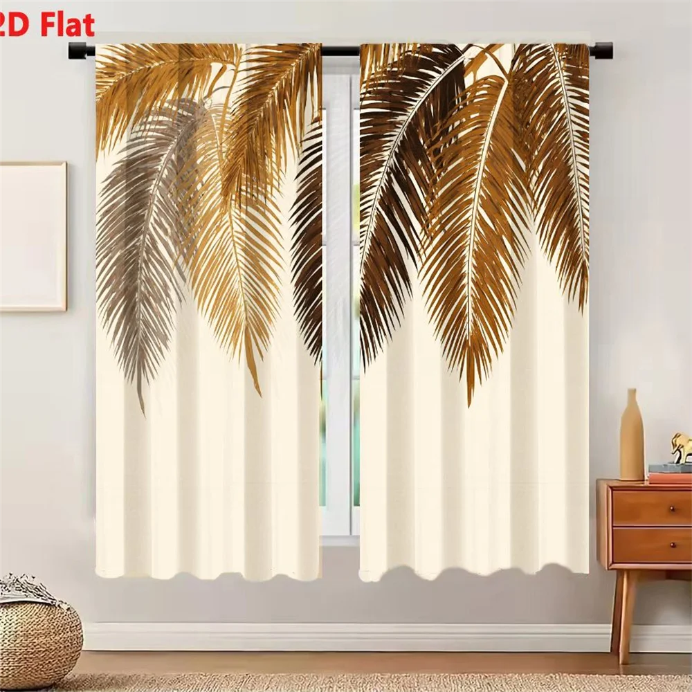 2Pcs Curtains Gold Bronze Brown Palm Fronds Decorative Illustration Template For Text Window Drapes for Bedroom Room Decor Decor