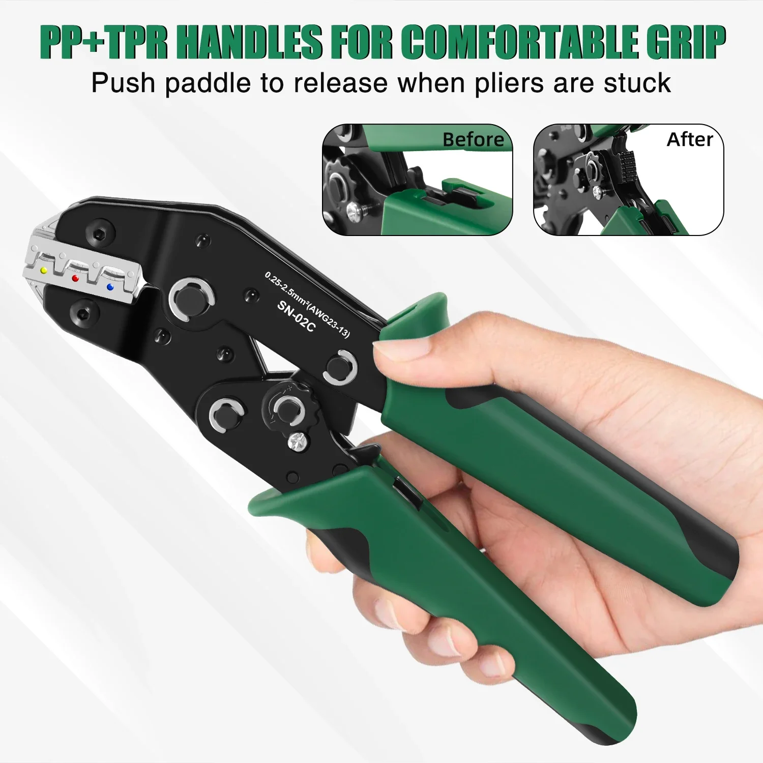 أداة العقص SN-02C للكهرباء المعزولة -AWG 23-13 أدوات المكشكش السقاطة - كماشة تجعيد الأسلاك - للموصلات المعزولة #5