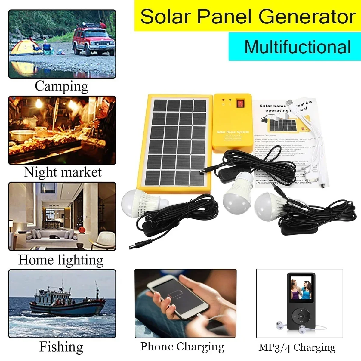 3/2Bulbs Solar Panel Camping Outdoor Lighting Kit Home DC System 4 in 1 as Emergency and Mobile Phone Charger for Garden Night