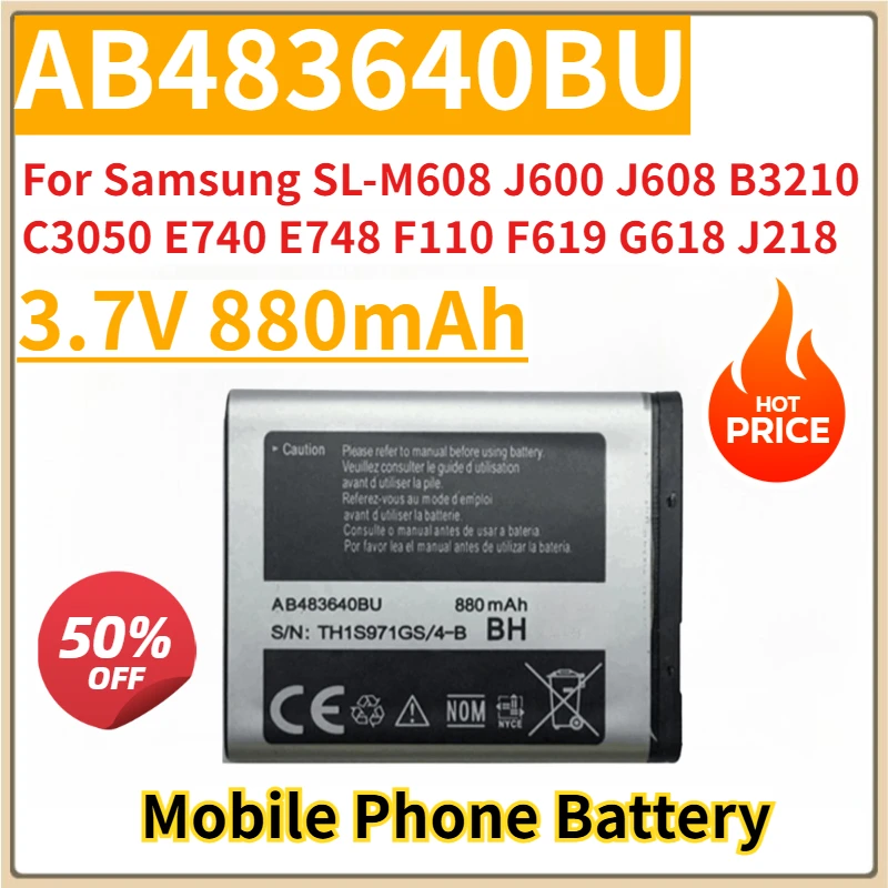 Новый сменный аккумулятор для телефона 3,7 В 880 мАч AB483640BU для Samsung SL-M608 J600 J608 B3210 C3050 E740 E748 F110 F619 G618 J218