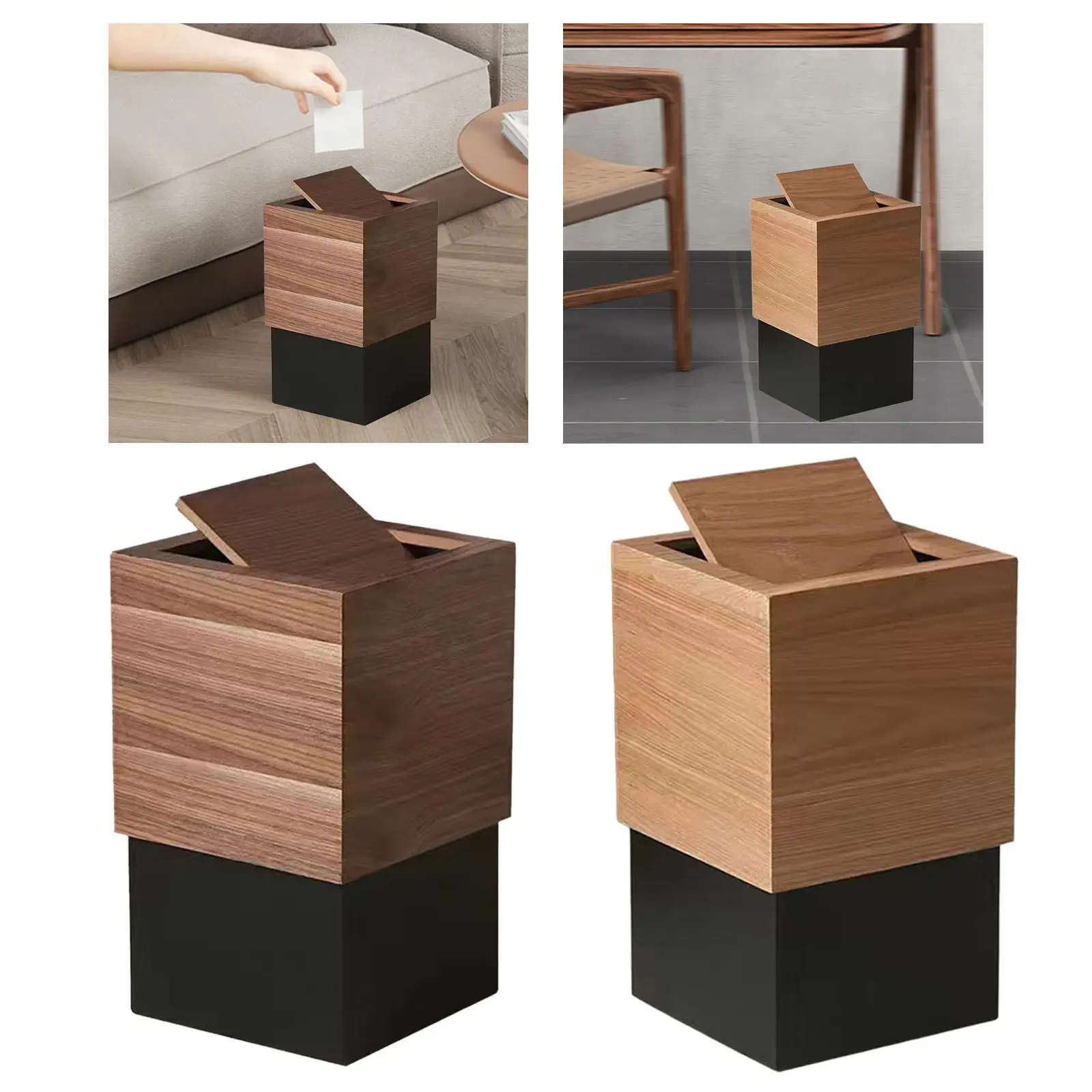 Waste Basket with Swing Lid Square Removable Japanese-style Home Office 21x21x34cm Garbage Container MDF Trash Can with Lid