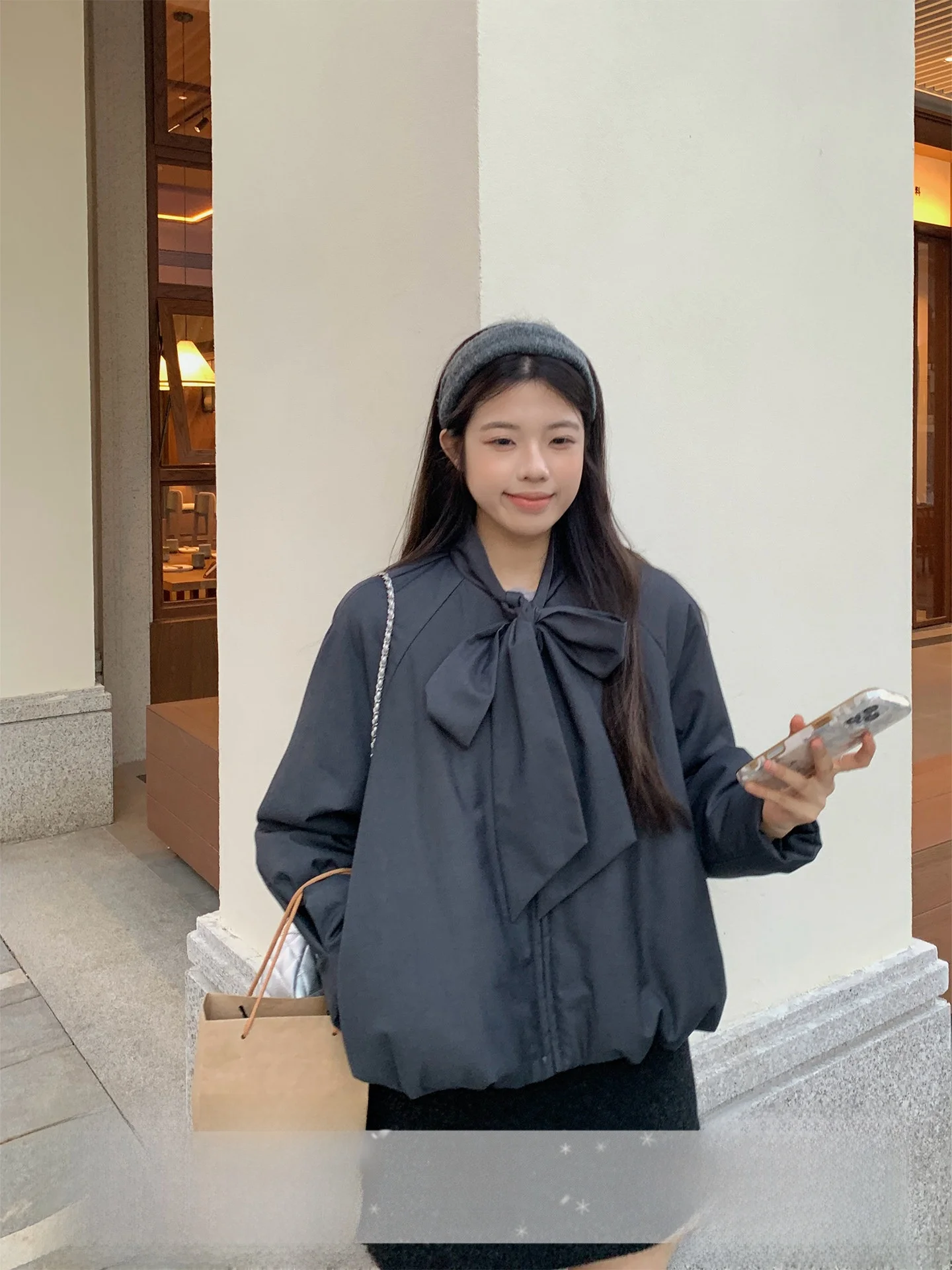 

Зимний хлопковый топ Thi, женский дизайн небольшого размера, универсальный теплый топ с лентой и галстуком-бабочкой, корейский прямой крой