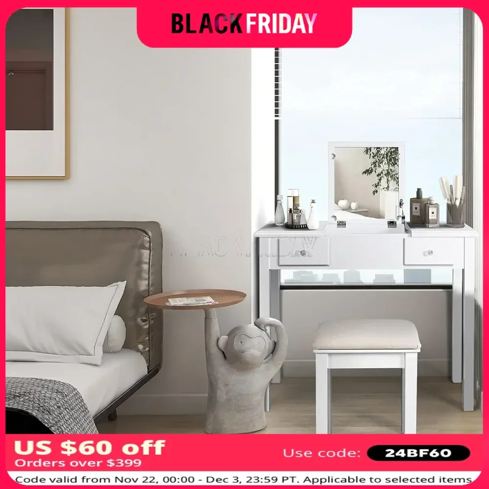 Dressing Table with Flip Top Mirror Makeup, Cushioning Stool Set, 2 Drawers 3 Removable Organizers, Easy Assembly, Vanity Desk