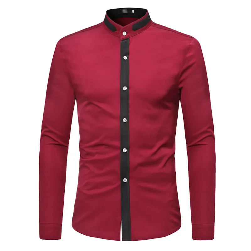 

Stand Collar Patchwork Wine Red Dress Shirt For Men Formal Business Long Sleeve Shirt Male Slim FIt Banquet Prom Chemise Hombre