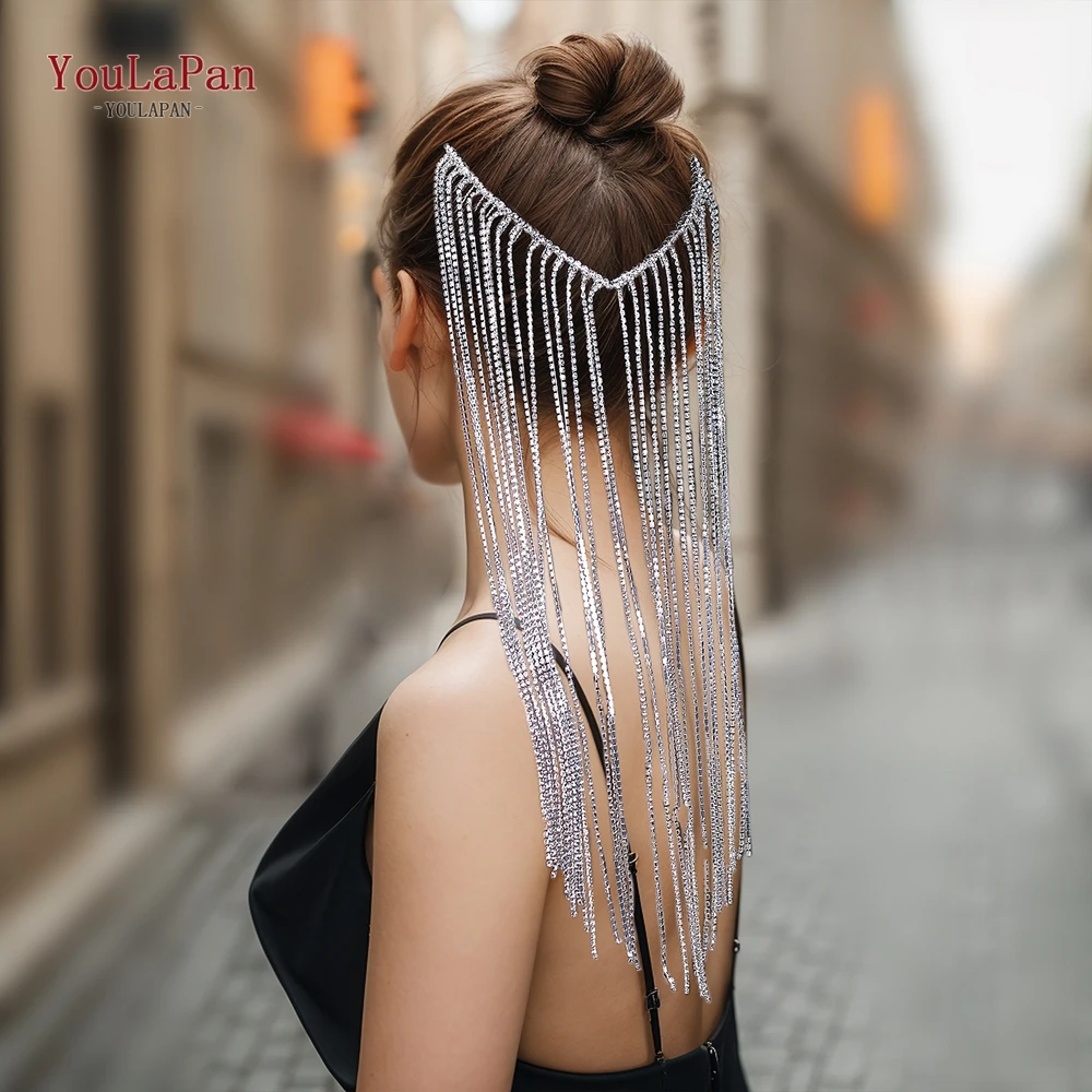 

YouLaPan Long Drill Chain Bride Hair Comb Hair Accessorie Sparkly Wedding Headband Silver Color Elegant Wedding Headwear HP652