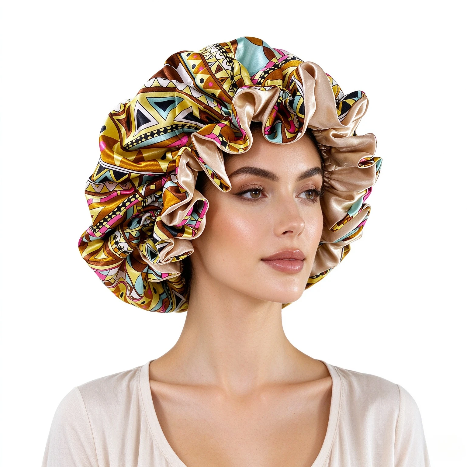 Women Double Layer Satin Sleep Cap Botanical Print Foldable Shower Soft Hair Bonnet for Night Sleeping Bathing Hair Protection